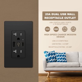 Micmi USB Outlet with C + A Wall Dual High Speed Receptacle Smart 4.8A Fast Charging Capability, 20Amp 125Volt, Tamper Resistant Wall Plate Included UL Listed (10Pack, Black, 20 Amp Outlet)