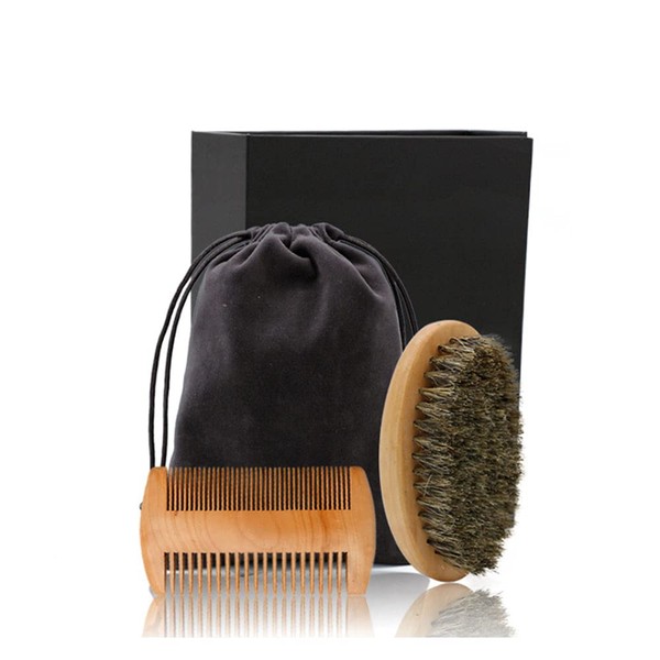 Beard Comb & Beard Brush Set for Men - Natural Boar Bristle Brush and Dual Action Pear Tree Comb / Velvet Bag - Ideal for Grooming Beard and Moustache