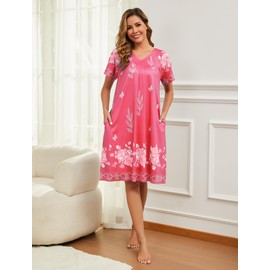 Marvmys Old Women House Dress V Neck Pleated Moo Moo Short Sleeve Sleepwear Duster Soft Housecoat Pink Floral XL