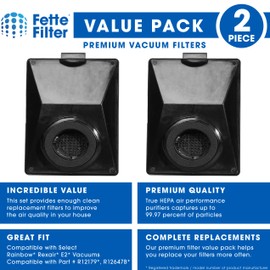Fette Filter - Vacuum Filter Compatible with Rainbow R12179, R12647B, R10520, E2 Black, E2 Silver, E2 Gold Washable Filters - Pack of 2