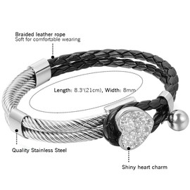 Cupimatch Women's Braided Cuff Cord Chain Leather Band Stainless Steel Heart Shape Love Rhinestone Ball Pendant Bangle, Stainless Steel