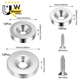 Wzone Set of 36 Mini Magnets Strong Set, 3 Sizes Neodymium Magnets with Hole with Screws Flat for Magnetic Plate, Kitchen, Fridge and Tool Room