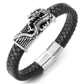 COOLSTEELANDBEYOND Men's Leather Dragon Bracelet, Braided Black Leather with 3D Engraved Dragon, Heavy Bangle Bracelet, Black leather, No gemstone