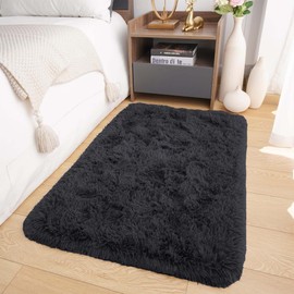 Oxford Homeware Rugs Living Room 60x110 cm – Black Area Rugs for Bedroom Small – Fluffy Shaggy Super Soft Non Slip Rug Washable Modern Floor Carpets Bedside Rug for Kids Room
