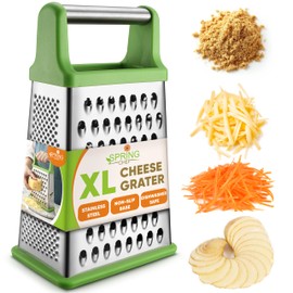 Spring Chef Green Professional Stainless Steel XL Parmesan Cheese Grater with Handle - 4 Sided Box Grater for Kitchen - Dishwasher Safe Food Shredder for Carrot, Potato, Vegetables, Ginger, Hash Brown