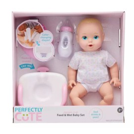 JAKKS Pacific Perfectly Cute Feed & Wet 14" Baby Set - Blonde with Blue Eyes Brand New