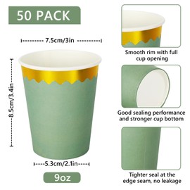 Whaline 50Pcs Sage Green Paper Cups with Gold Scalloped Edges 9oz Disposable Coffee Cups Beverage Drinking Cups Wedding Party Cups for Cold Hot Drinks Wedding Birthday Bride Shower Party Supplies