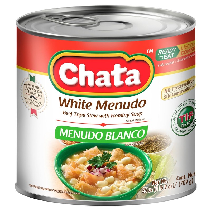 Chata Mexican White Menudo, Beef Belly Stew with Hominy Corn,