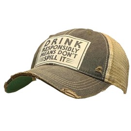 VINTAGE LIFE Drink Responsibly Means Don't Spill It Distressed Trucker Cap, One Size, Black, Cotton and Polyester, Headgear, Hat, Headwear