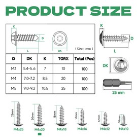 Jyvex Pack of 100 self-tapping screws stainless steel M4 x 20 mm, self-tapping screws with disc, A2 V2A Torx screws, full thread, wood screws, flat head screws with T20 drill