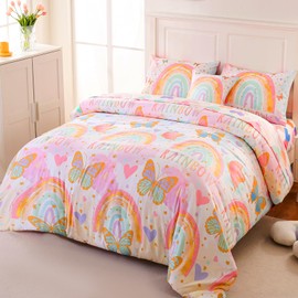 Tasselily Rainbow Twin Bedding Sets for Girls,Butterfly Twin Comforter Set with Sheets for Girls,6 Pcs Love Hearts Girls Twin Bed Sets for Kids