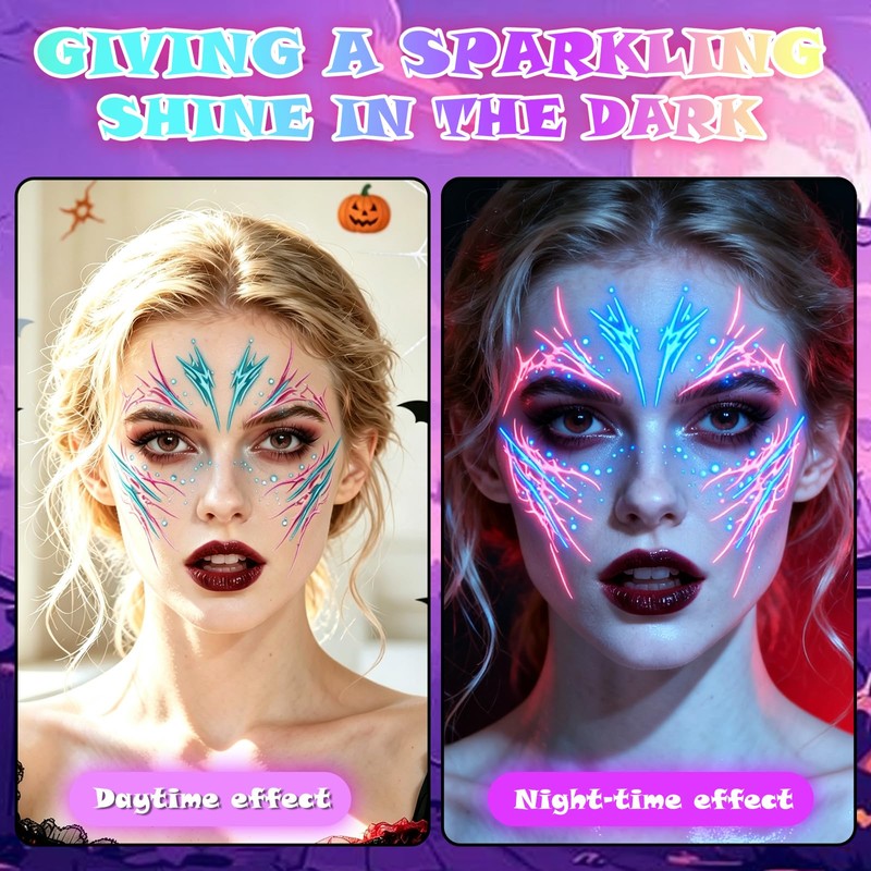 6 Pcs Glow in Dark Freckles Face Tattoo Halloween UV