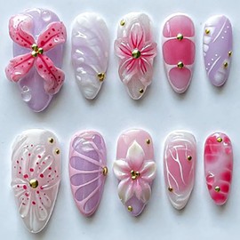 30Pcs Handmade Flower Press on Nails Medium Fake Nails with 3D Flower Golden Steel Ball Design Almond False Nails Artificial Acrylic Nails Press ons Full Cover Glue on Nail for Women Girls