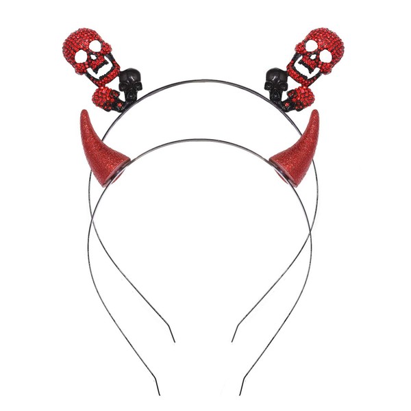Halloween Devil Horn Skull Headband Rhinestone Headband Devil Ears Headband Accessories for Festival Party Cosplay (Red Halloween Headband)