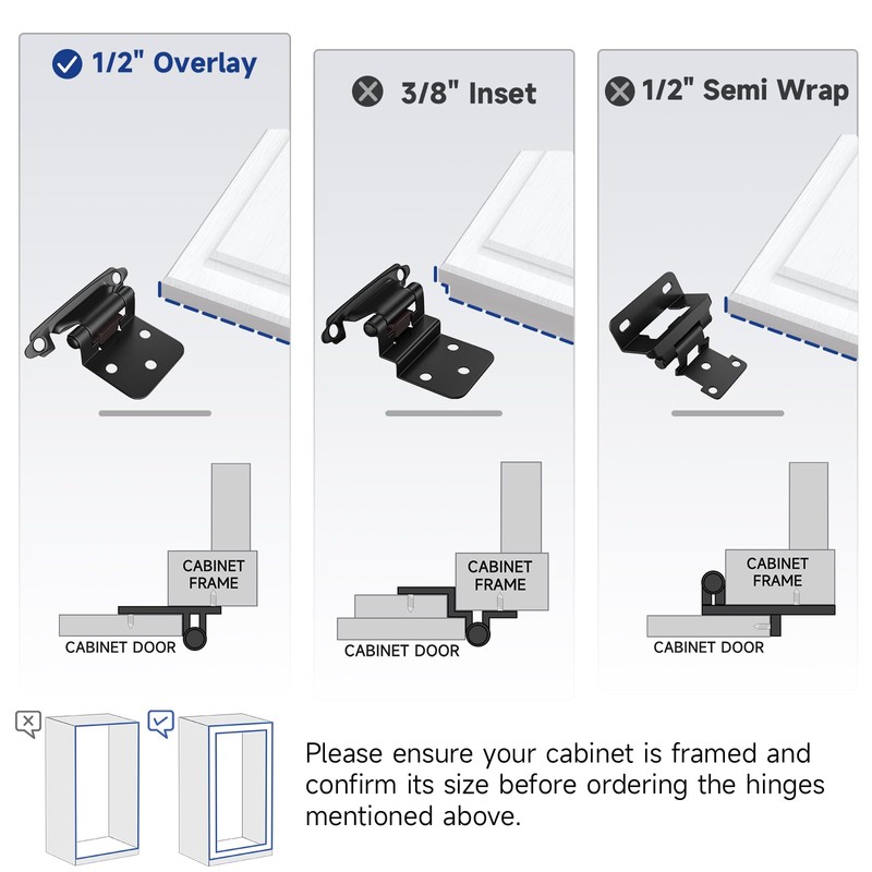 HOSOM 10 Pack 1/2 Inch Overlay Matte Black Cabinet Hinges,
