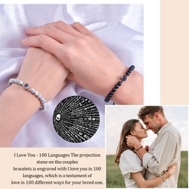 GBTBYS Couples Bracelets 2 Pcs Matching Bracelets for Boyfriend and Girlfriend White Black I Love You 100 Languages Projection Stone Bracelets Distance Bracelets Gifts for Couples To My Men