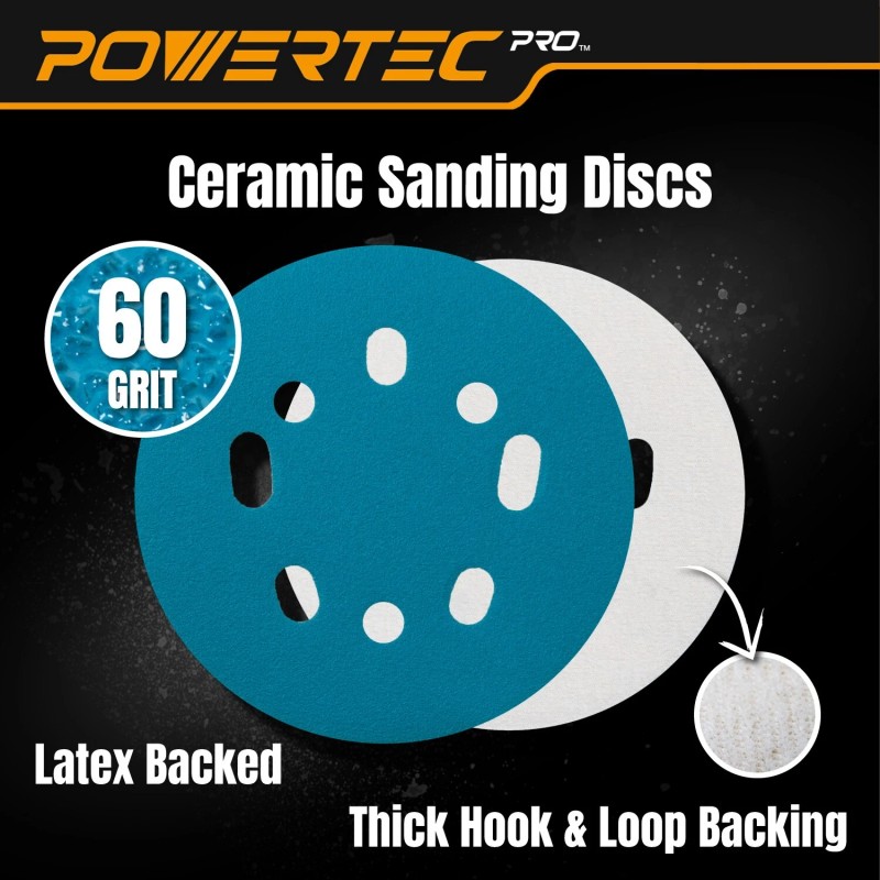 POWERTEC 5-Inch Hook and Loop Sanding Disc, 60 Grit Ceramic