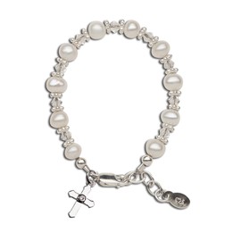 Precious Pieces Baptism Gift for Infant Girls, Sterling Silver Cross Bracelet with Cultured Pearl and Crystals for Christening and Dedication for Babies and Little Girls (MED)