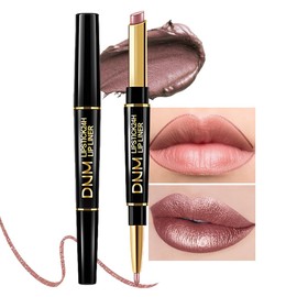 Kaely 2in1 Nude Brown Metallic Shine Shimmer Lip Liner & Lipstick Combo Set Kit for Women, DNM Lightweight Hydrating Formula High Impact Full Coverage Lipstick and Lip Liner Makeup Gloss 18