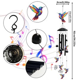 Hummingbird Wind Chimes for Outside, Black Metal Memorial Wind Chime Gift for Mom, Unique, Outdoor Garden Decor with Soothing Tones for Patio Porch Yard (Hummingbird)