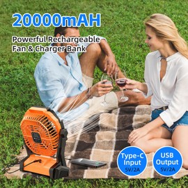 SmartTail Battery Powered Camping Fan with LED Lantern, 20000mAh Portable Travel Fan with Light and Hook, Adjustable Speed Remote Control Tent Fan USB Rechargeable for Camping Beach Fishing Orange