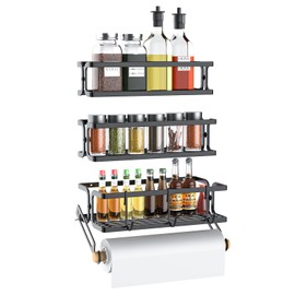 Cvesqkxr 3-Pack Wall Mount Spice Rack Organizer with Towel Holder & Hooks - Kitchen Cabinet Spice Storage | Pantry Door & Seasoning Organizer | Bathroom Hanging Organizer (Black)