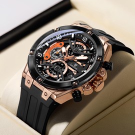 senstone Mens Watch with Rubber Strap Quartz Analog, Fashion Multifunction Chronograph Sport Watch for Men Casual with Calendar Waterproof Silicone Band (Rose-Black)