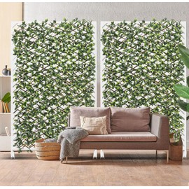 Coarbor 4 Packs Artificial Leaf Faux Ivy Expandable Privacy Fence Screen Grass Wall Stretchable Fencing for Deck Balcony Patio Porch Trellis Decor, Ficus (Single Sided Leaves)