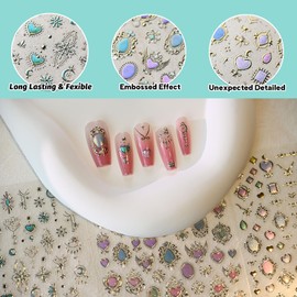 CESTSIREN Holographic Heart Nail Art Stickers, Aurora Nail Decals, Self-Adhesive, Golden Nail Accessories for Women, Nail Decorations 3 Sheets