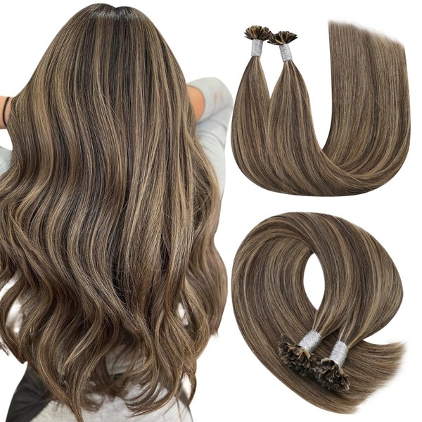 YoungSee Real Hair Bonding Extensions, Brown, Dark Brown with Blonde Extensions, Keratin U-Tip Extensions, Hot Fusion Bonding Extensions, 40 cm, 50 g, 1 g/s, #P4/27