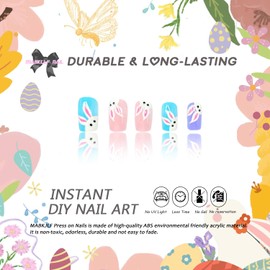 Easter Press on Nails Short Square Fake Nails Macaron Color Full Cover Cute Bunny False Nails with Designs Glossy Glue on Nails Easter Acrylic Nails Artificial Nails for Women Girls 24Pcs