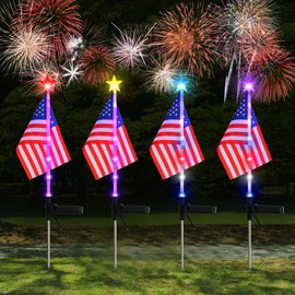 Kaitesla July 4th Decorative Solar American Flag Lights July 4th Solar Patriotic Flag Lights, 2 Modes Garden Pile Lights LED Landscape Lights Street Lights (Color Change), XY-T001