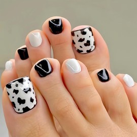 Cow Pattern Press on Toenails Square Fake Toe Nails with Black White Leopard Print Designs Cute Toe Nails Press ons Acrylic False Toenails Glossy Full Cover Stick on Toenails for Women 24Pcs