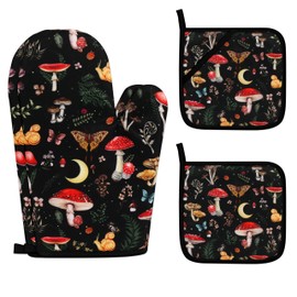 Mushroom Oven Mitts and Pot Holders Sets Cute Oven Gloves Heat Resistant 4 Pcs Funny Decorative Kitchen Hot Pads and Mitts for Baking Cooking Grilling