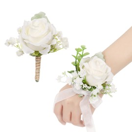 YSUCAU Corsage and Boutonniere Set, Ivory Rose Boutonniere, Prom Flower Wrist Corsage Bracelets, Homecoming Corsage Wristlet, Men Boutonniere for Wedding Flowers Accessories Prom Suit Decorations
