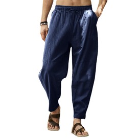 Gafeng - Pantalones Harén de lino para hombre, estilo casual, holgados, con cordón en la playa, cintura elástica, pantalones de yoga con bolsillos, marino, M