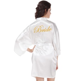 HENGBIRD Bride Morgenmantel Satin Kimono - Luxuriöser V-Ausschnitt Bademantel mit Goldstickerei & Gürtel - Perfekt für Hochzeitstag, Junggesellinnenabschied, Brautparty