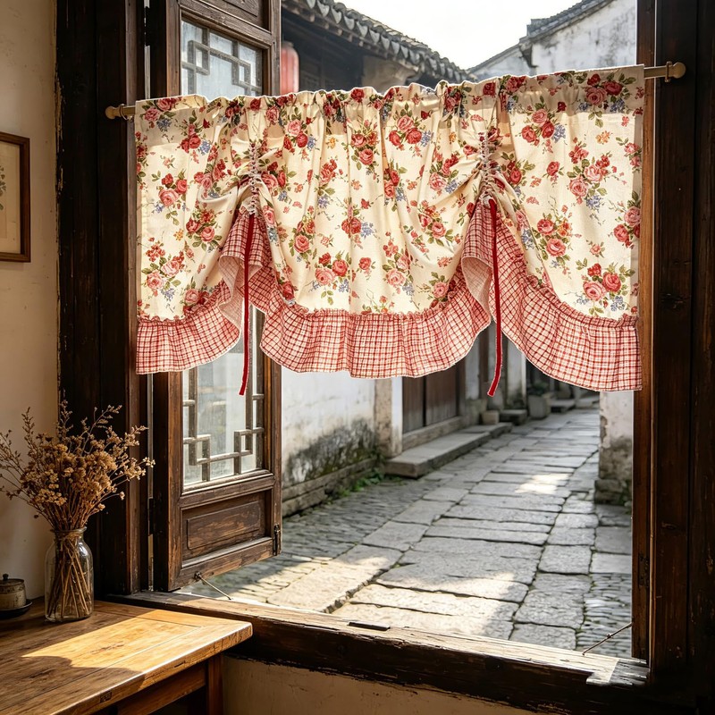 Country Rose Floral Valance Curtain Tie Up Gingham Ruffled Swag