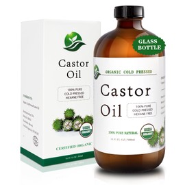 MAYLINK Castor Oil-Castor Oil Organic Cold Pressed Unrefined Glass Bottle-Organic Certified 100% Pure Castor Oil,Hexane Free,Organic Castor Oil for Face,Hair Growth,Eyelashes,Caster 16.91fl.oz/500ml