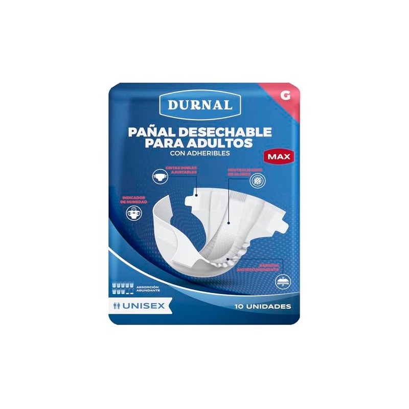 Pañal Desechable para Adultos Unisex, Durnal Max, Talla Grande, 10
