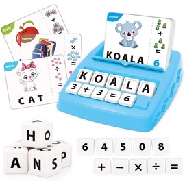 KaeKid Kids Learning Toys for 3 4 5 6 7 8 Year Olds, Matching Letter Spelling Games with 32 Flash Cards, Math Learning Preschool Educational Game, Birthday Boys Girls (Blue, Uppercase)