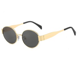 Ggpyyon Trendy Oval Sunglasses for Women Men Retro Round Sunglasses Metal Frame Glasses, Gold/Grey