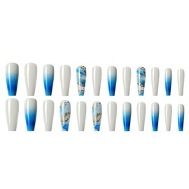 Juneyemo 24pcs Coffin False Nails Gold Foil Press on Nails Crystal Long Square Fake Nails Glitter Ballerina Acrylic Stick on Nails for Women and Girls (D)