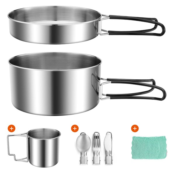 Odoland Camping Stainless Steel Cookware Set, Foldable and Stackable Outdoor Cookware for Camping Hiking Picnic