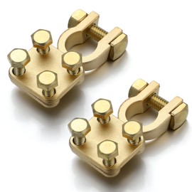 Otoolling 2 Pcs Heavy Duty Battery Terminal Solid Brass Cable Ends 3-way Heavy Duty 4 Screw Top Post Battery Terminals for All Car