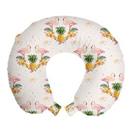 Lunarable Flamingo Travel Pillow Neck Rest, Floral Exotic Summer Birds Pineapple Hawaiian Alohas Bananas Triangles, Memory Foam Traveling Accessory for Airplane and Car, 12", Yellow Green and Pink