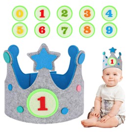 Birthday Crown Hat with 0-9 Number Signs, Adjustable Birthday Crown, Reusable Felt Happy Birthday Hat for Girls Boys (Grey)