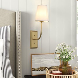 JIMUBEAM Vintage Brass Wall Sconce 1-Light, White Fabric Shade Wall Lamp Hardwired Indoor Wall Light for Bedroom Living Room Vanity Bathroom