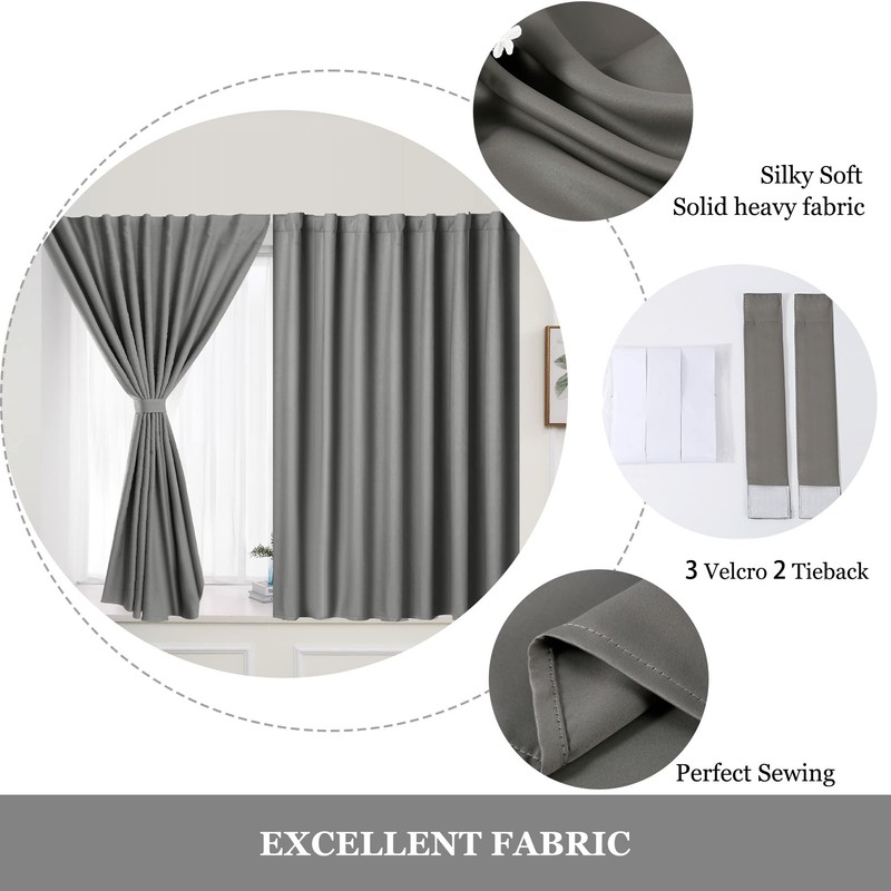 Muamar Velcro Blackout Curtains for Bedroom 2 Panels with Tiebacks(Grey,