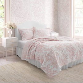 Laura Ashley - King Quilt Set, Reversible Cotton Bedding with Matching Shams, Lightweight Home Decor for All Seasons (Bedford Pink, King)